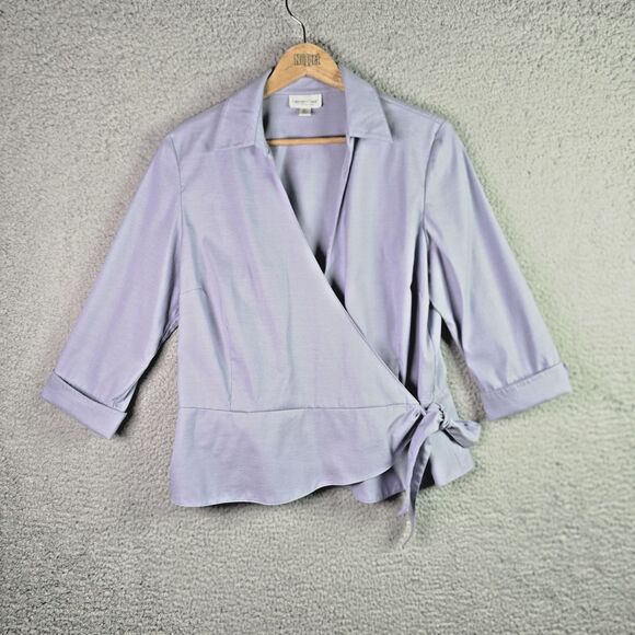 Coldwater Creek Womens Blouse PL Light Blue Wrap Tie Flipped Cuffs Popped Collar - Picture 11 of 14